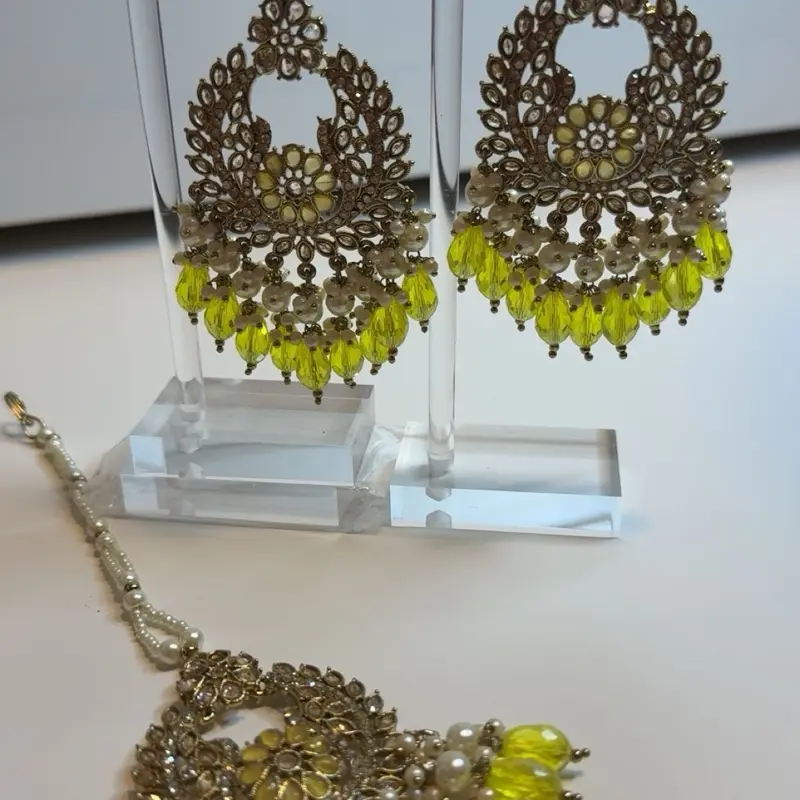 Lime Color Earrings with Tikka for Women, Fashion Accessory