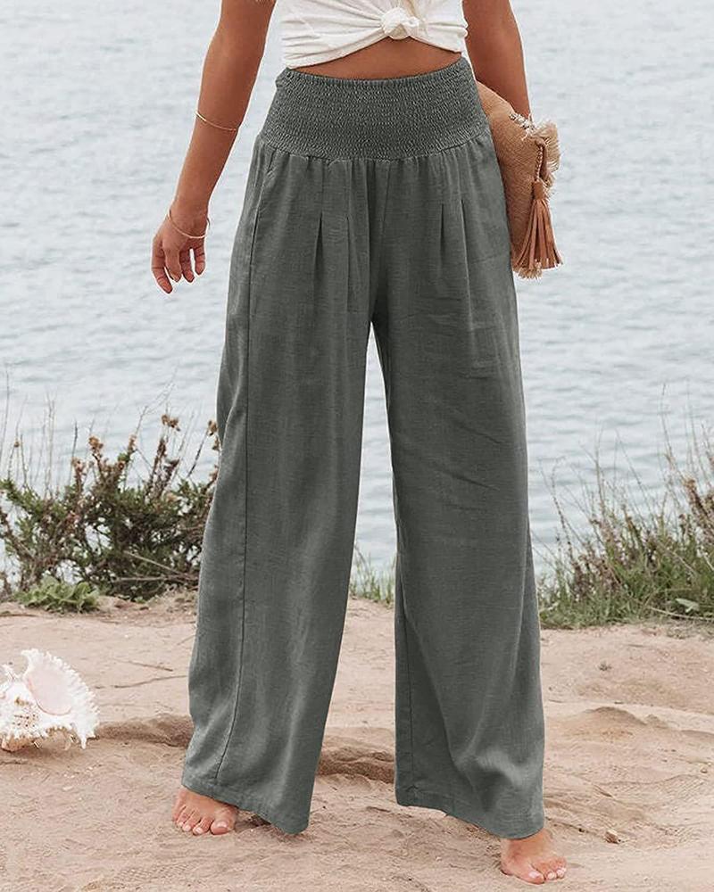 Product Introduction of Women's Plain Pocket Shirred Wide Leg Pants, Casual Elastic Waist Trousers for Beach Vacation Holiday, Ladies Bottoms for All Seasons 13