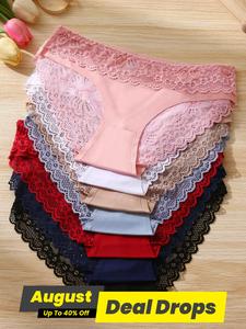 Women's Solid Color / Leopard Print Contrast Lace Scallop Trim Knicker, Drop Waist Panty, Soft Comfy Breathable Underwear for Daily Wear