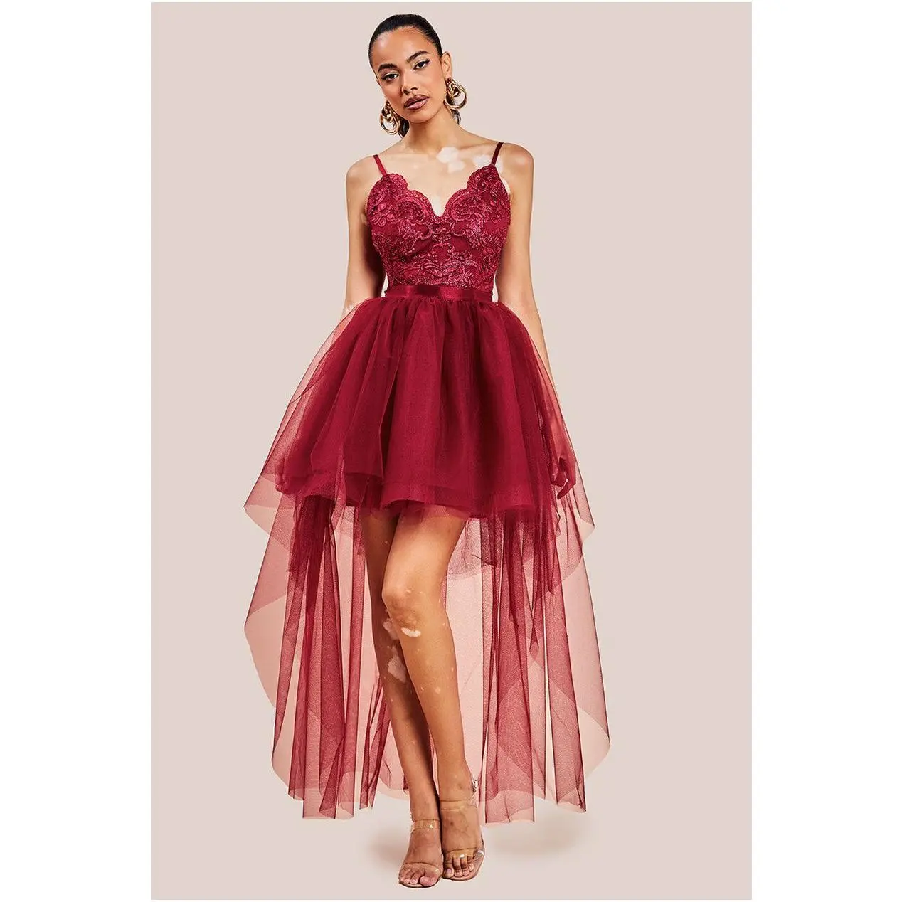 High Low Tulle Mini With Lace Bodice - Wine by Goddiva