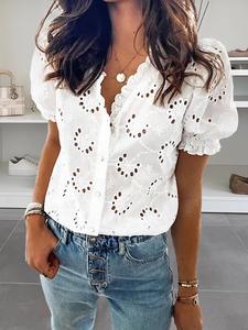 Women's Plain Bubble Sleeve Blouse, Casual Elegant Hollow Out Top for Daily Wear, Ladies Clothes for All Seasons, Shirts, Womenswear, Bohemian Casual Top