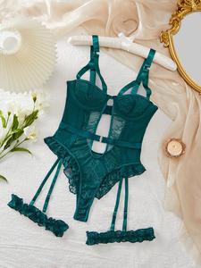 Women's Contrast Lace Cut Out Ring Linked Sexy Lingerie Bodysuit, Backless Adjustable Strap Ruffle Trim Bodysuit, Fashion Comfy Women's Underwear for All Seasons, Sheer Lingerie