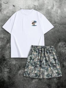 Two-Piece Set Men's Coconut Tree Print Short Sleeve Tee & Camo Print Shorts, Loose Casual Round Neck T-shirt & Track Shorts, Summer Clothes Set for Men