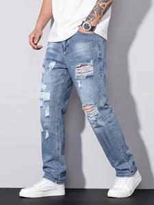 Men's Straight Leg Ripped Jeans, Casual Blue Denim Long Pants, Comfortable Daily Wear, Classic Fashion Essential, Streetwear Street Style