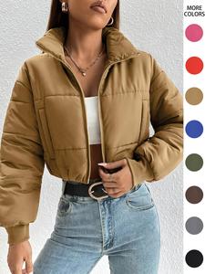 Women's Solid Zip Up Drop Shoulder Stand Collar Crop Puffer Jacket without Top, Coats for Women, Fashion Casual Mock Neck Zipper Short Coat, for Spring Fall Winter, Feminine Tops, Womens Tops