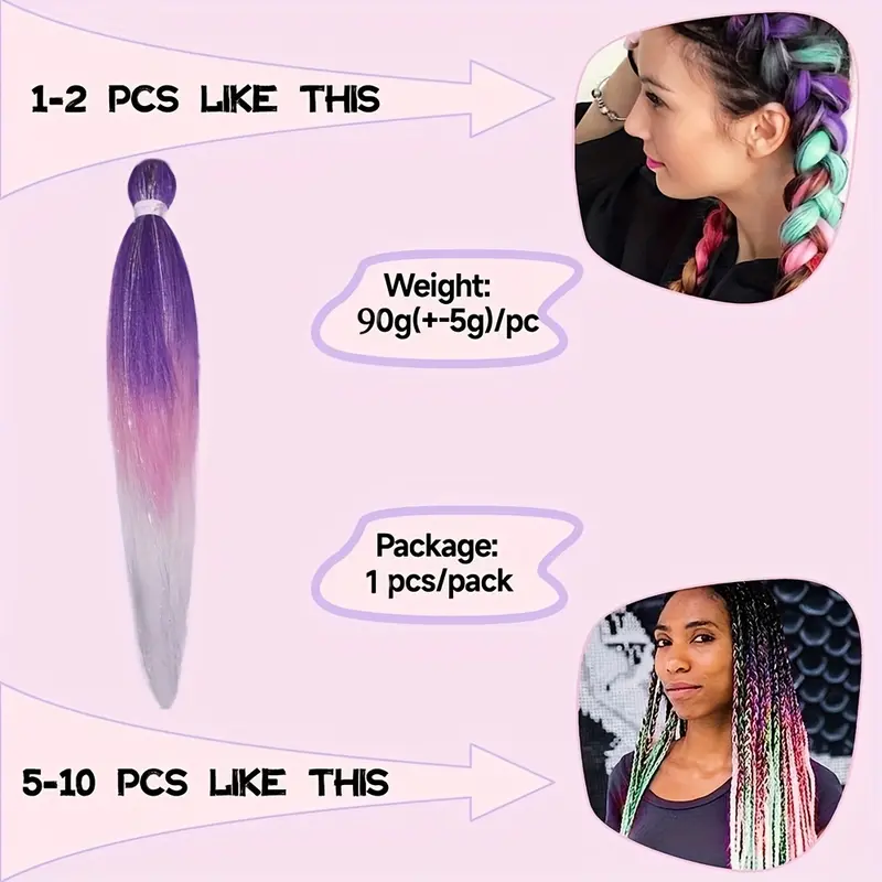 Purple Pink White 3 Tones Ombre Straight Braids Blend Hair Tinsel Festival Rave Hair Extensions for Girls Crazy Hair Day Braids 3