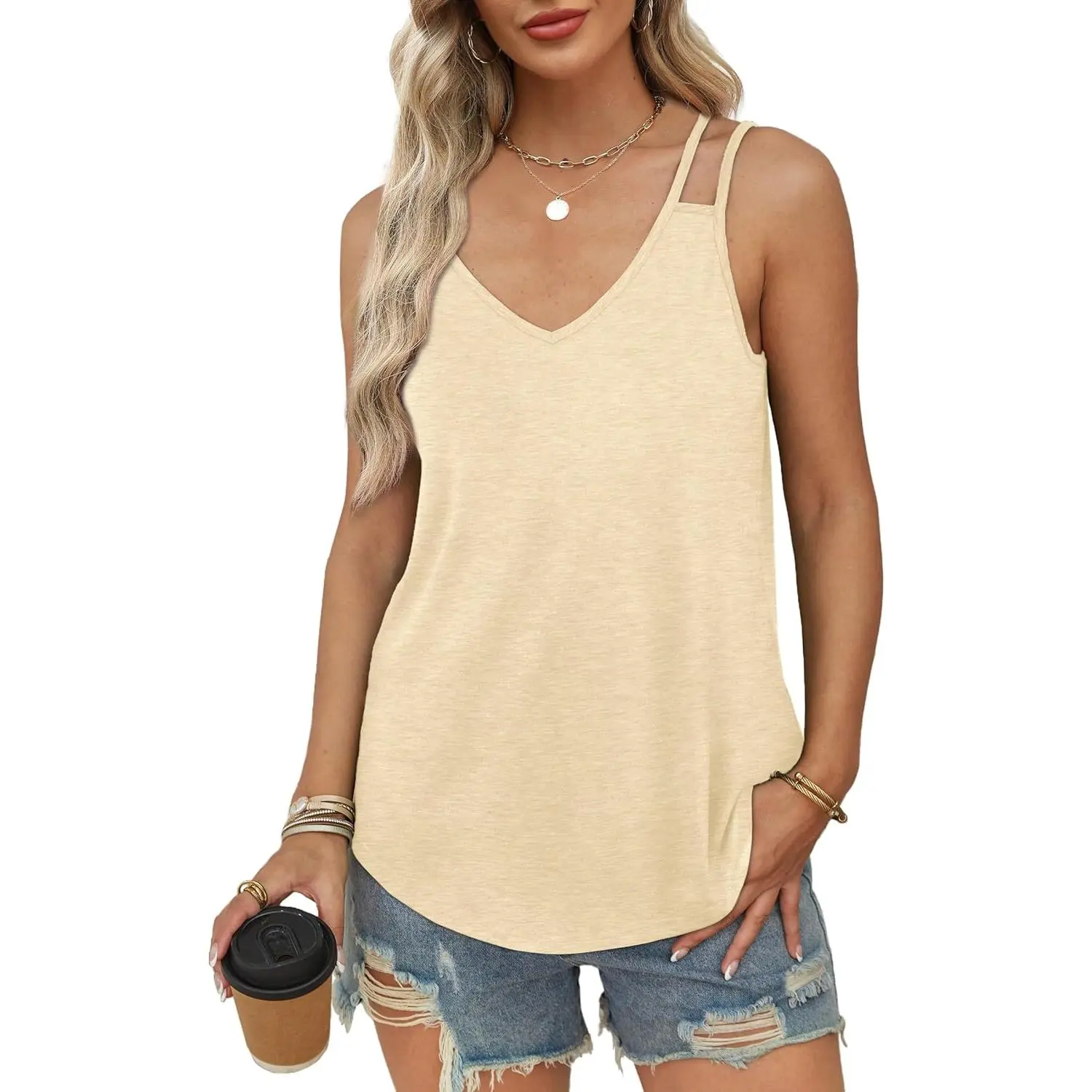 WIHOLL Vest Tops Women UK Camisole Tops for Women V Neck Spaghetti Strap Summer Tops Ladies Sexy Sleeveless Shirts Curved Hem Clothing for Women