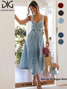 Women's Button Denim Dress, Casual Fitted Sleeveless Jeans Dress for Daily Wear, Ladies Clothes for All Seasons