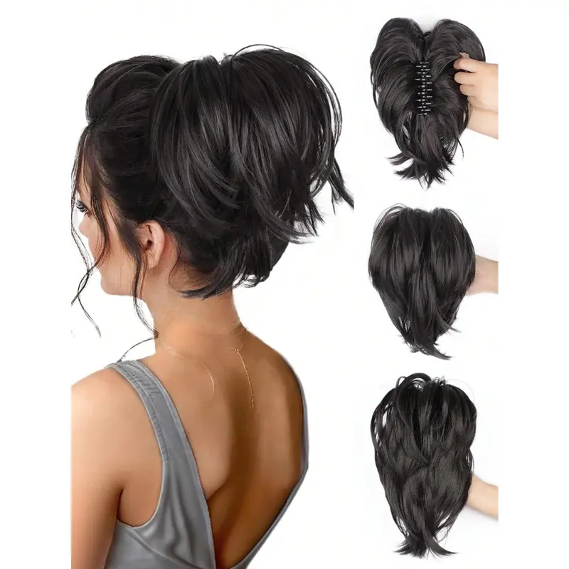 Bun Hair Piece, 10 Inch Claw Clip Short Ponytail Hair Extensions Bendable Messy Wavy Curly Fake Hairpieces For Women 7