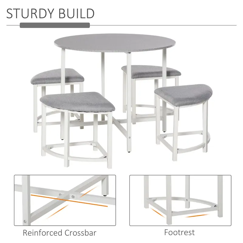 HOMCOM Modern Round Dining Table Set with 4 Upholstered Stools for Dining Room, Kitchen, Grey 4