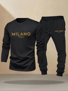 Men's Letter Print Tee & Drawstring Waist Pants Two-piece Set, Casual Longsleeves  Top & Trousers, Casual Fashion Cozy Breathable Men Two-piece Sweatsuit Set Outfit for Spring & Fall, Sweat Set, Menswear, Clothes