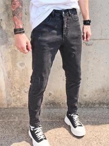 Men's Solid Color Distressed Slim Jeans, Slim-fitting Street Fashion Casual Comfy Pocket Denim Pants for Daily Wear, Men's Bottoms for All Seasons, Cotton, Menswear