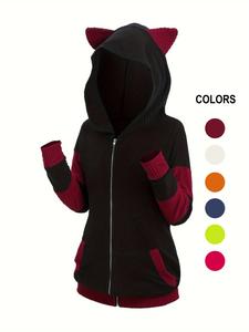 Women's Colorblock 3d Ear Design Textured Zip Up Hooded Coat, Cute Long Sleeve Pocket Thick Outerwear for Fall & Winter, Women's Clothes for Daily Wear
