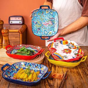 Bohemian Ceramic Bakeware Set, 4 Counts/set Square Dual-handle Plates for Baking Fruits Pasta Food, Kitchen Accessories Oven & Microwave Safe Dishes for Home Use, Baking Tools, Baking Supplies, Multicolor