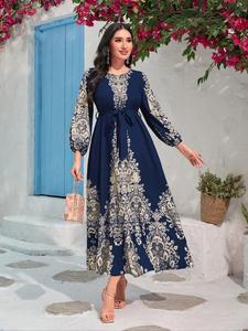 Women's Floral Print Belted A Line Dress, First Day School Outfit 2024, Elegant Bishop Sleeve Round Neck Long Dress for Beach Holiday Vacation, Dresses for Women, Holiday Dresses, Autumn Outfits 2024, Autumn Outfits 2024, Dresses for Women