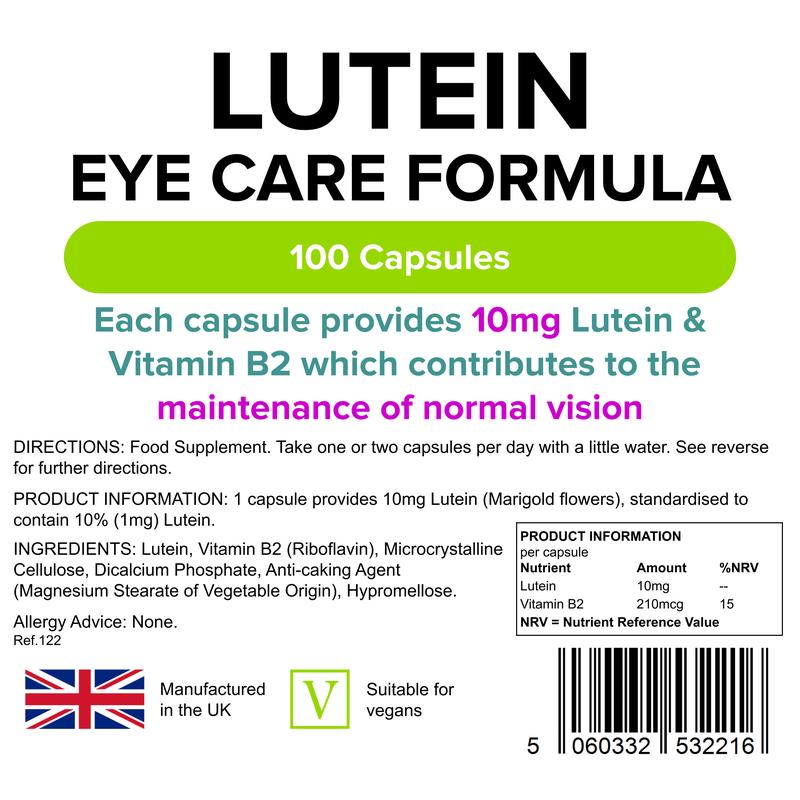 Lindens - Lutein 10mg, 100 Capsules - UK Made - Marigold Extract with Vitamin B2 - Vision & Eye Health, Standardised Potent Extract - Letterbox Friendly - Vegan - Fitness Dietary Natural Healthcare Bathroom Edible Supplement 1