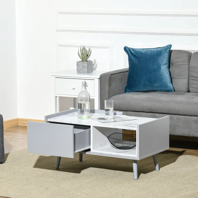 HOMCOM White Coffee Table with Faux Marble Top, 2-Tier Wood Center Table Sofa Table with Storage Drawer and Shelf for Home Living Room Reception Room 1