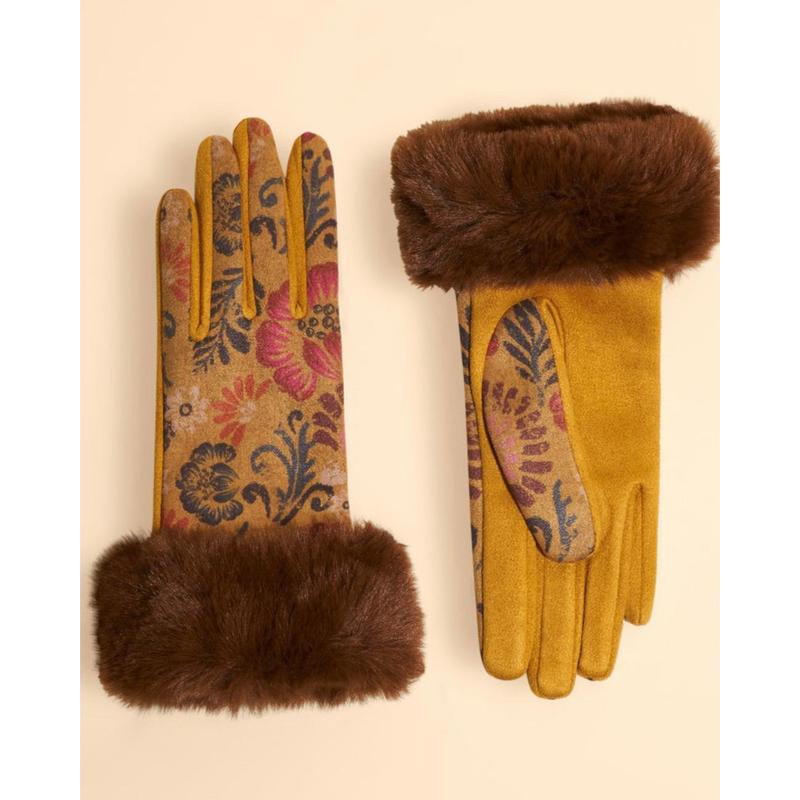 Bernadette Patterned Faux Suede Gloves in Mustard 1