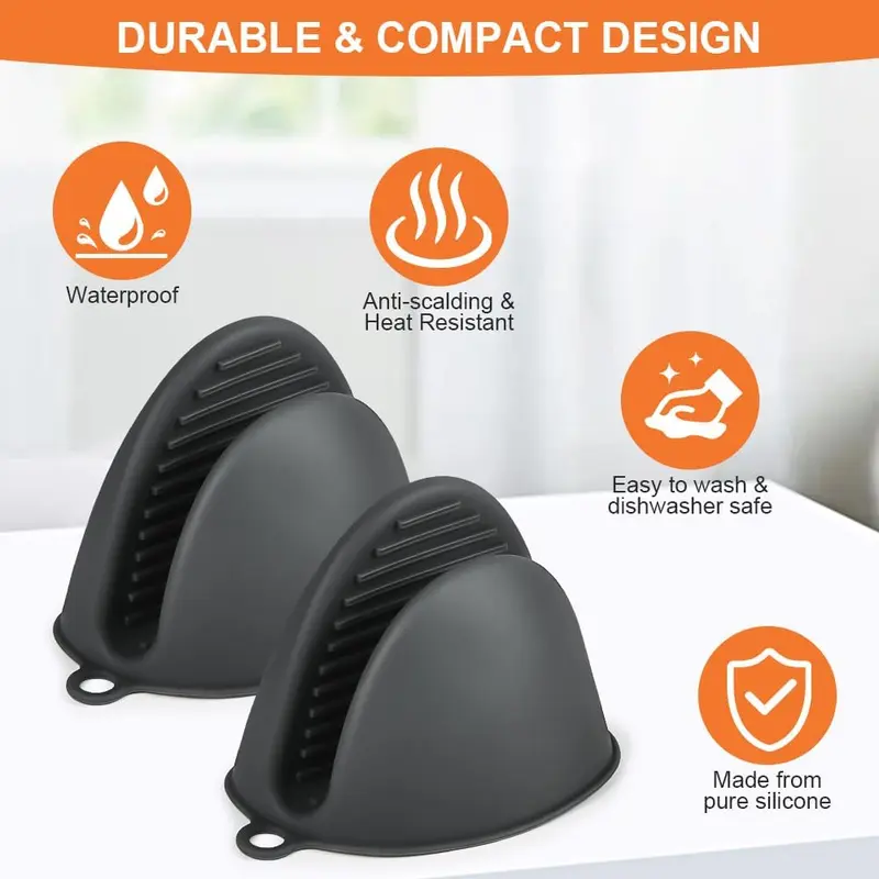 Mini Silicone Oven Mitts, 1 Pair Heat Resistant Oven Gloves, Cute Oven Pinch Grip Gloves, Small Potholders for Kitchen, Air Fryer Mitts Pair for Cooking, Baking and Grilling (Black) 7