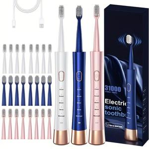 Portable Electric Toothbrush, 1 Box Rechargeable Sonic Teeth Cleaning Toothbrush with 8 Counts Replacement Brush Heads, Intelligent Timer Toothbrushes for Adults