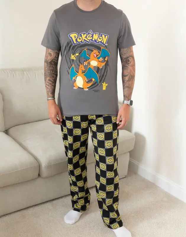 Vanilla Underground x Pokemon Mens Multicoloured Pikachu & Charizard Short Sleeve Long Leg Pyjama Set 1