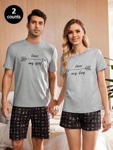 Couple's Letter Print Tee & Panda Print Pants Pyjama Two-piece Set, Casual Comfy Round Neck Short Sleeve T-shirt & Trousers Pj Set, Couple's Sleepwear for All Seasons, Cozy Nightwear Pajamas