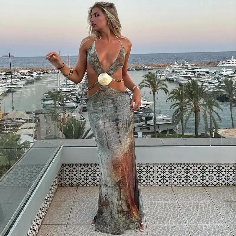 SIREN Women's Cut Out Shell Transparent Maxi Dress Split Leg for Vacation Beach Cover Up