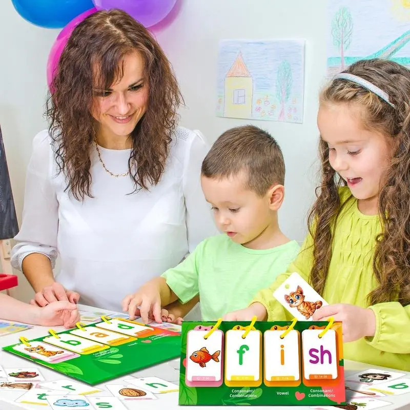 Random Color CVC Word Builder Games Cards, 80 Cards Learn To Read Montessori Word Building Desktop Pocket Chart Flash Cards Kit 6