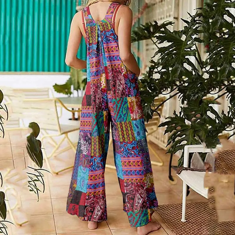 Women Summer Dungarees Multicolor Ethnic Style Square Neck Long Jumpsuit Playsuit Sleeveless Casual Baggy Overalls Rompers 2