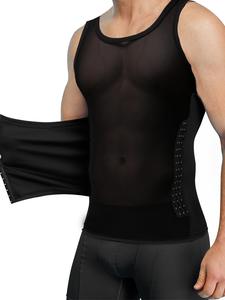 Sporty Men's Plain Adjustable Hooks Round Neck Sheer Sports Vest, Breathable Quick Drying Sports Compression Tank Top, Tummy Control Shaper for Men