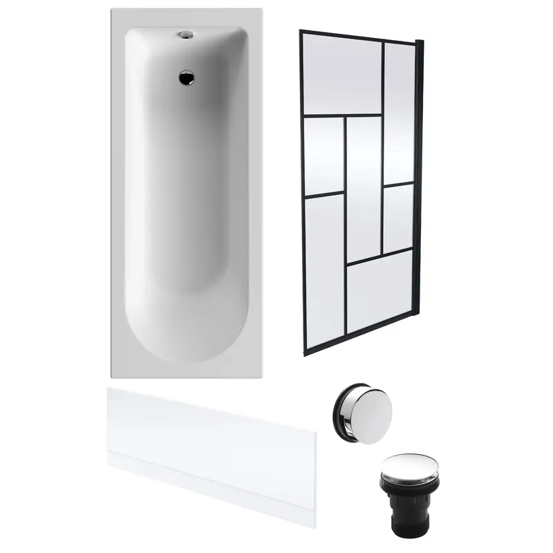 Round Single Ended Bath, Front Panel, Black Abstract Screen, Chrome Waste -1700x700mm 0
