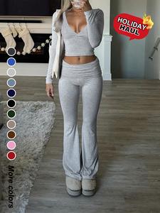 Slim-Fit Crop Top & Pants Two-Piece Set, Solid Color V-Neck Long Sleeve for Fall and Winter,Airport Outfit