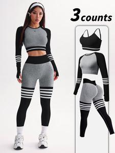 Women's Striped Print Sports Bra & Leggings & Crop Top Tracksuit Set, Sporty Breathable Comfy Outfits for Yoga Gym Workout Running, Ladies Sportswear for All Seasons, Athletic Activewear Tracksuits Sporty Style Clothes
