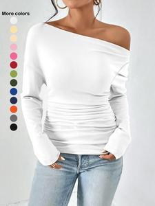 Women's Plain Ruched Asymmetrical Neck Tee, Casual Fashion Soft Drop Shoulder Long Sleeve T-shirt for Spring & Fall, Women's Top for Dating Daily Wear