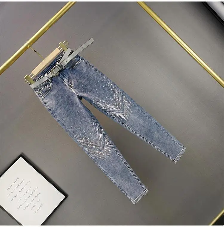 European Station Heavy Industry Rhinestone Skinny Jeans for Women  Spring New Casual High Waist Slimming Cropped Pants ae  jeans  holes 8