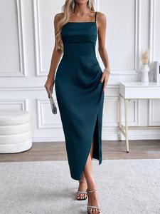 Women's Plain Ruched Backless Split Thigh Cami Dress, Elegant Sleeveless Dress for Party Club Dating Wear, Ladies Summer Clothes