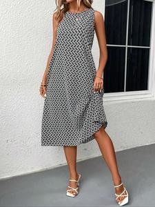 Women's All Over Print Round Neck Tank Dress, Casual Sleeveless A Line Midi Dress for Daily Wear, Ladies Clothes for All Seasons