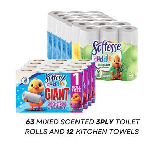 3 Scented Popular /Mixed Scented 63 Toilet Rolls + 12 Kitchen Towel (Cuddle Panda 3PLY  & SOFTESSE CUDDLE) Lightweight Tissue