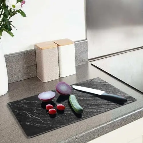 Set of 2 Glass Chopping Boards - 2pcs Universal Hob Cover Worktop Savers for Induction, Ceramic & Electric Stove - Non-Slip Tempered Glass Cutting Board - Black Slate Marble 1