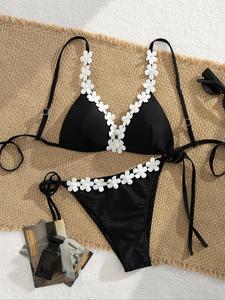 Two-Piece Set Women's Plain Floral Decor Bikini Set, Casual Fashion Chic Swimsuit Set for Beach Holiday Vacation, Ladies Swimwear for All Seasons