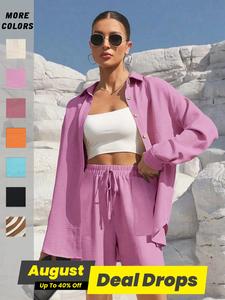 Two-Piece Set Women's Solid Color Shirt & Shorts, Casual Long Sleeve Top & Tie Waist Shorts for Daily Wear, Ladies Two-piece for All Seasons, Clothes, Fall outfit