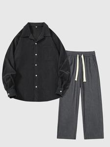 Men's Corduroy Shirt & Pants Set, Loose Casual Long Sleeve Top & Straight Leg Trousers, Men's Spring & Fall Clothes