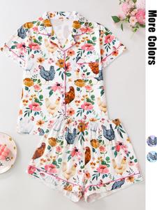 Women's Chicken & Floral Print Button Top & Shorts Pajama Two-piece Set, Casual Comfy Shortsleeve Top & Shorts Pj Set, Ladies Sleepwear for All Seasons, Womenswear, Loungewear, Homewear, Summer Sleepwear, Pyjamas, Pastel Pj Set