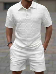Two-piece Set Men's Solid Knit Jacquard Short Sleeve Top & Shorts, Casual Summer Clothes Set for Men, Shortsleeve Clothing, Menswear, Fitted Outfit Sets, Formal Wear