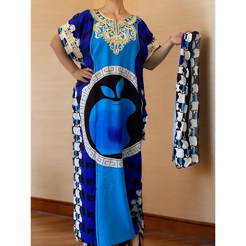 Elegant Plus Size Floral Print Kaftan - Breathable Polyester Round Neck Short Sleeve Maxi Dress for Women - Machine Washable, Perfect for Ramadan & All Seasons 7