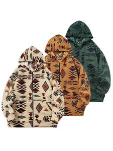 Men's Ethnic Pattern Zip Up Fleece Hooded Jacket, Casual Loose Comfy Long Sleeve Hooded Outerwear for Fall & Winter, Men's Clothes for Daily Wear