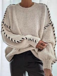 Women's Contrast Binding Drop Shoulder Knitted Sweater, Casual Basic Long Sleeve Round Neck Jumper for Fall & Winter, Fashion Ladies' Knitwear for Daily Wear Womenswear Tops soft cardigan crochet cardigan tops  for  women women sweetheart  neckline