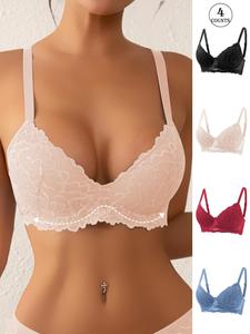 Women's Solid Color Lace Bra, Comfortable Breathable Wireless Push Up Bra, Soft Lingerie for All Seasons