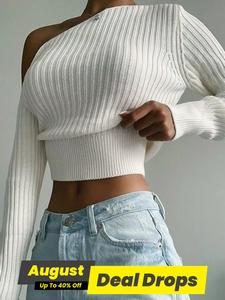 Women's Solid Asymmetrical Neck Polyester Sweater, Casual One Shoulder Fitted Long Sleeve Knitting Top, Women's Knitwear for Daily Wear, Summer Trending Polyester Clothing Women