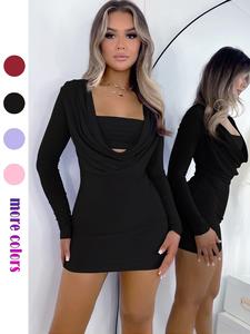 Women's Solid Color Top & Dress Set, Casual Elegant Slim Tube Top & Long Sleeve Dress for Party Daily Wear, Ladies Clothes for All Seasons, Womenswear, Longsleeves